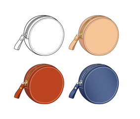 Round coin pouch for coins and accessories, zip purse outline, coin case vector illustration sketch template isolated on white background