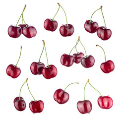 Set of different cherry corners isolated on white background. Full sharpness.