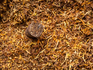 cuban cigar on tobacco background, macro, selective focus