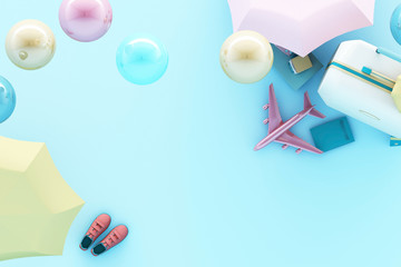 suitcase with traveler accessories on pastel blue background. travel concept. 3d rendering