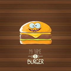 vector cartoon tiny burger character with cheese, meat and salad icon isolated on wooden background. my name is burger vector concept illustration