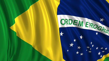 3d rendering of a brazilian flag. The flag develops smoothly in the wind