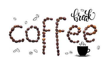 Creative layout made of coffee beans with lettering and doodle