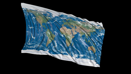 3d rendering of a flag with the texture of the planet Earth. The flag develops smoothly in the wind