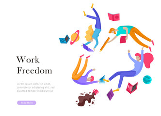 landing page template. Inspired People flying. Create your own spase. Character moving and floating in dreams, imagination and freedom inspiration design work. Flat design style