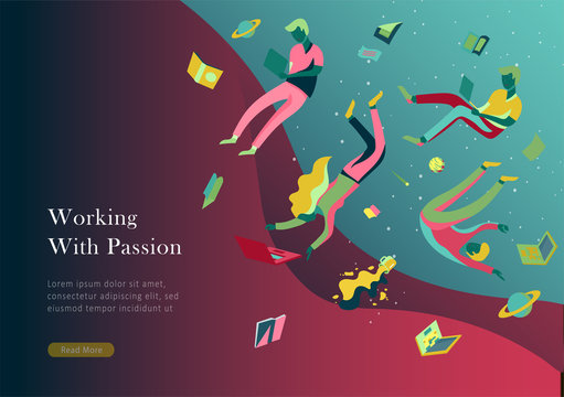 landing page template. Inspired People flying. Create your own spase. Character moving and floating in dreams, imagination and freedom inspiration design work. Flat design style