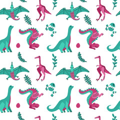 Cute childish seamless vector pattern with dinosaurs with eggs, plants. Funny cartoon dinos on white background. Hand drawn doodle design for girls, children illustration for fashion clothes, fabric