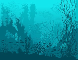 Fototapeta na wymiar Underwater landscape with shark, fishes, coral reefs, huge rocks and see weeds. Blue tropical undersea world. Vector detail hand drawn illustration of sea-life.