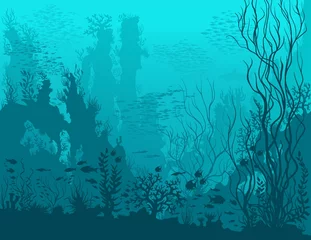 Foto op Plexiglas Onderwaterlandschap met haaien, vissen, koraalriffen, enorme rotsen en onkruid. Blauwe tropische onderzeese wereld. Vector detail hand getekende illustratie van zee-leven. © Makhnach