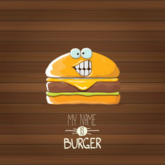 vector cartoon tiny burger character with cheese, meat and salad icon isolated on wooden background. my name is burger vector concept illustration