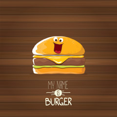 vector cartoon tiny burger character with cheese, meat and salad icon isolated on wooden background. my name is burger vector concept illustration