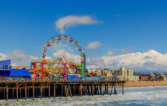 Los Angeles, USA, March 2019, big wheel in Pacific Park on Santa Monica Pier