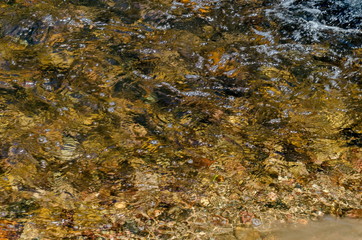 Interesting natural background of water with reflection at river Iskar, Lozen mountain, Bulgaria 