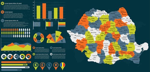 Detailed Romania map with infographic elements. Vector illustration.