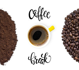 Creative layout made of coffee beans and coffee powder