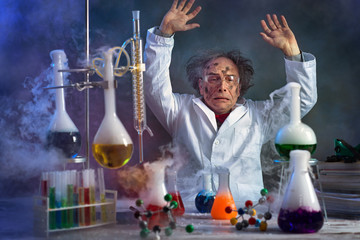 crazy scientist in lab surrounded by the smoke from the explosion