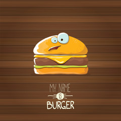 vector cartoon tiny burger character with cheese, meat and salad icon isolated on wooden background. my name is burger vector concept illustration