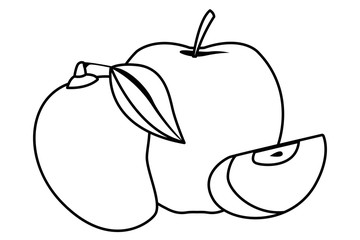 Apple sliced and mango tropical fruit in black and white