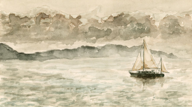 Seascape with sailboat