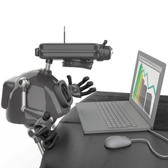 vintage robot and his lap top in a white background