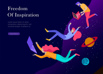 landing page template. Inspired People flying. Create your own spase. Character moving and floating in dreams, imagination and freedom inspiration design work. Flat design style