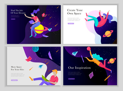 landing page templates set. Inspired People flying. Create your own spase. Characters moving and floating in dreams, imagination and freedom inspiration design work. Flat design style