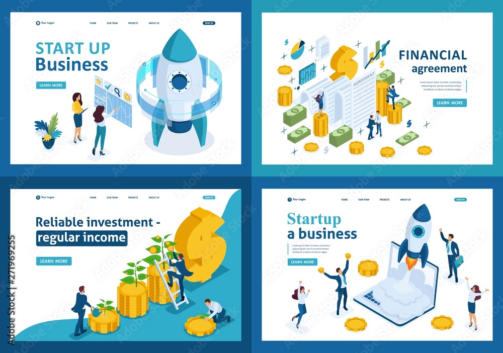 Poster set design web page templates of investment in start up. modern illustration concepts for website an