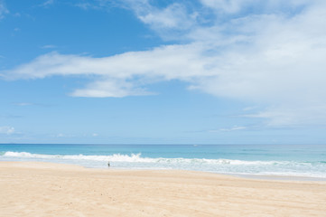 Hawaiian White Sand Beach, Polihale, Kauai, Hawaii. The seventeen mile stretch of white sand beach and sand dunes offer endless beach-combing and shelling fun.