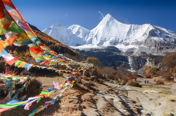 Colorful tibetan flags and snow mountain at Yading nature reserve in autumn season