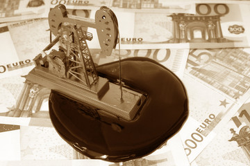 Neftekachka on the background of Euro banknotes. business, Finance. production of oil and petroleum products.