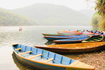 Boats around Phewa Lake in Pokhara,Nepal.