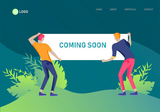 Landing page template people man and woman with banners, business app, cooming soon, we are open, start up and solution. Vector illustration concept website mobile development