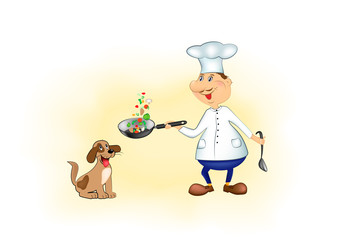 smiling cartoon chef and happy dog on a yellow background horizontal vector illustration