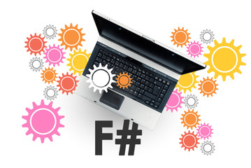 F sharp programming language. Laptop on word F#