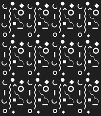 Modern minimalist pattern with simple shapes like circle, waves, arcs, square and rectangles, in black and white. Geometric pattern ready to use in banners, social media, textile, package, fabric.