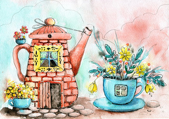 Drawing watercolor with the image of the house in the kettle and cup. Hand drawn. Design concept for tea, cafe, print, background