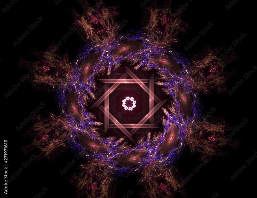 Poster an abstract computer generated modern fractal design on dark background. abstract fractal color text
