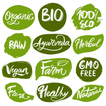 Eco, organic, bio logos or signs. Vegan, raw, healthy food badges