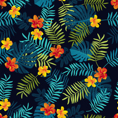 Fototapeta na wymiar Tropical Summer seamless pattern with monstera leaves and hibiscus flowers. Bright jungle seamless background. Vivid optimistic juicy colors. Repeat pattern backdrop. Editable vector, clipping mask