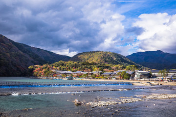 Fototapeta na wymiar Arashiyama mountain and Katsura river in Kyoto, Japan.