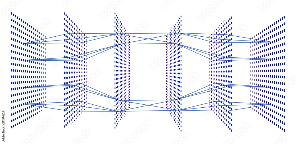 Aufkleber Artificial neural network with six layers. 3D view