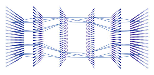 Artificial neural network with six layers. 3D view
