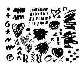 Vector ink and paint textures set. Hand drawn stains, spots, hearts, drops and lines isolated on white background.