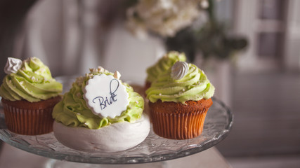 Elegant wedding still life. Meringue with cream for the bride.