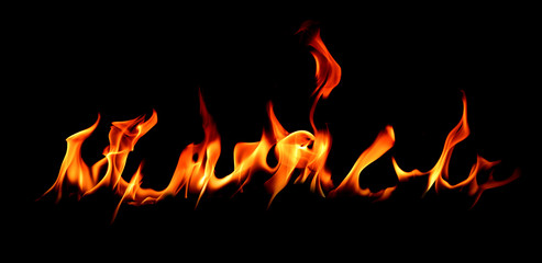 Fire flames on Abstract art black background, Burning red hot sparks rise, Fiery orange glowing flying particles