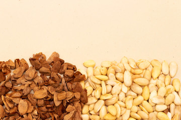 Background of big raw peeled almonds background.