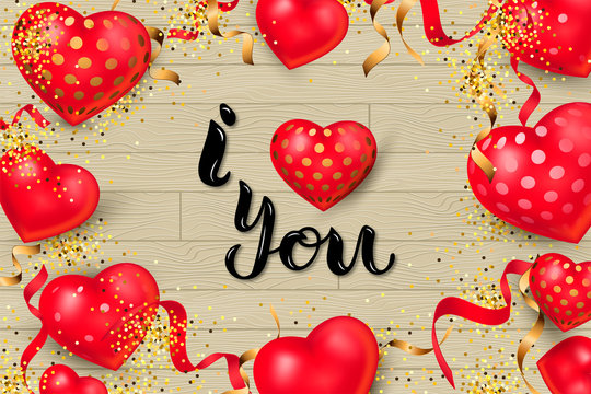 I Love You with heart on wood background with confetti. Handwritten lettering Love You as logo, badge, icon, patch, sticker. Vector illustration for St. Valentine's Day, greeting card, web, wedding.