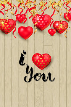 I Love You with heart on wood background with confetti. Handwritten lettering Love You as logo, badge, icon, patch, sticker. Vector illustration for St. Valentine's Day, greeting card, web, wedding.