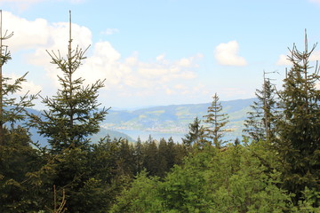 Naklejka premium Beautiful panoramic landscape: mountain valley with lake, village in Swiss Alps on summer day. Outdoor. Travel to Switzerland. Selective focus.