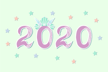 Vector illustration 2020 with Merimaid's Sea Shell Crown as Happy New Year postcard, party invitation, postcard motive, Merry Christmas card.